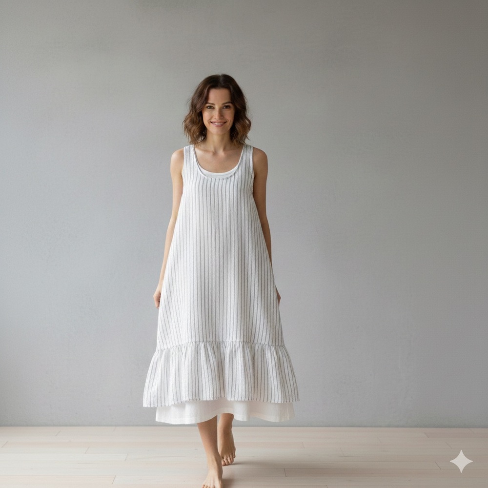 Ellamoda Dress Sleeveless 2 Layer White Pin Stripe Linen Ruffle Trim XS/S
